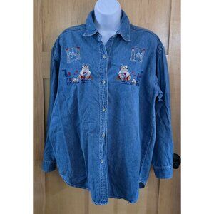 Vintage Denim Shirt Embroidered Bears cottagecore grannycore quirky buttons
